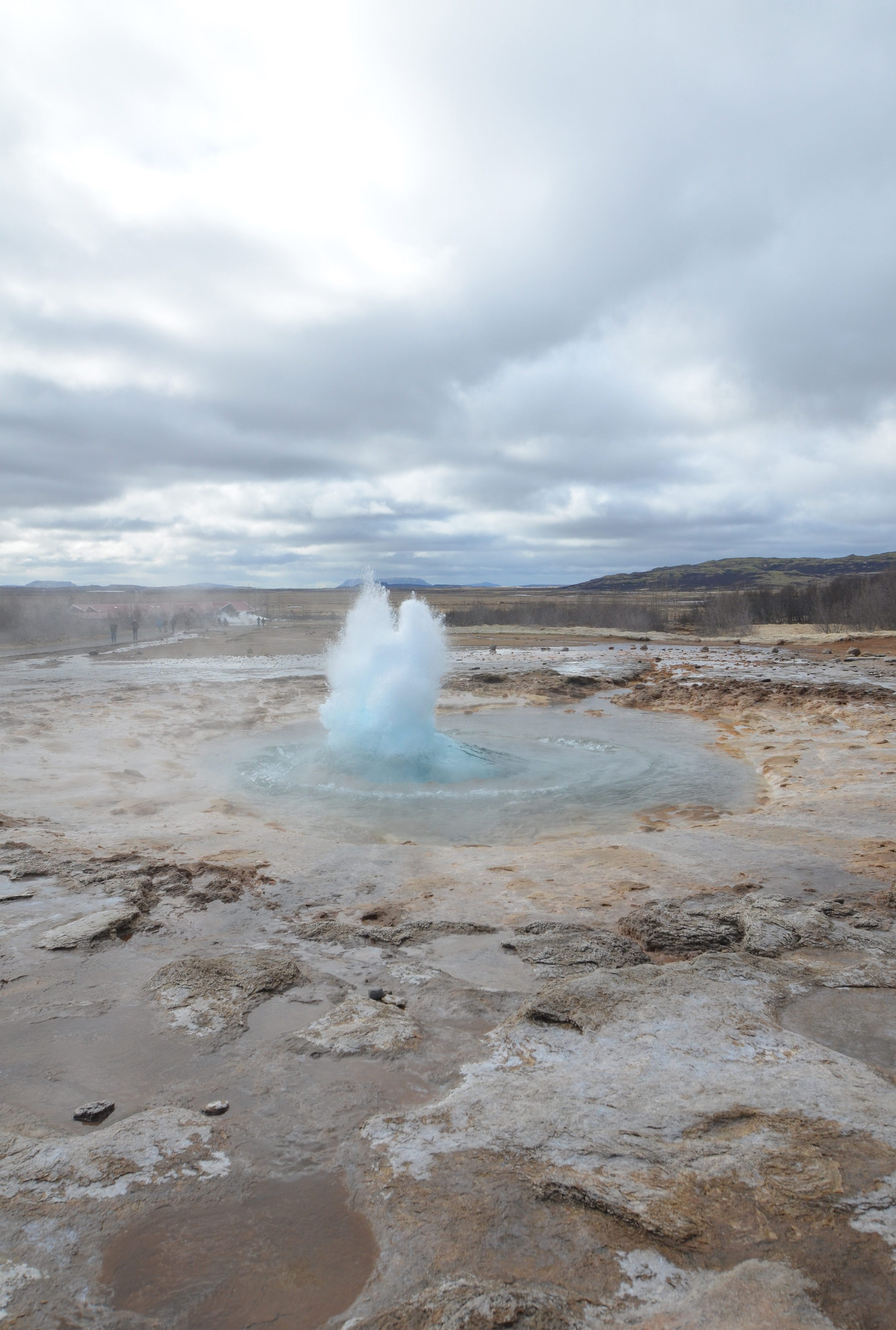 Panoramic view of the Haukadalur geothermal valley with steam rising