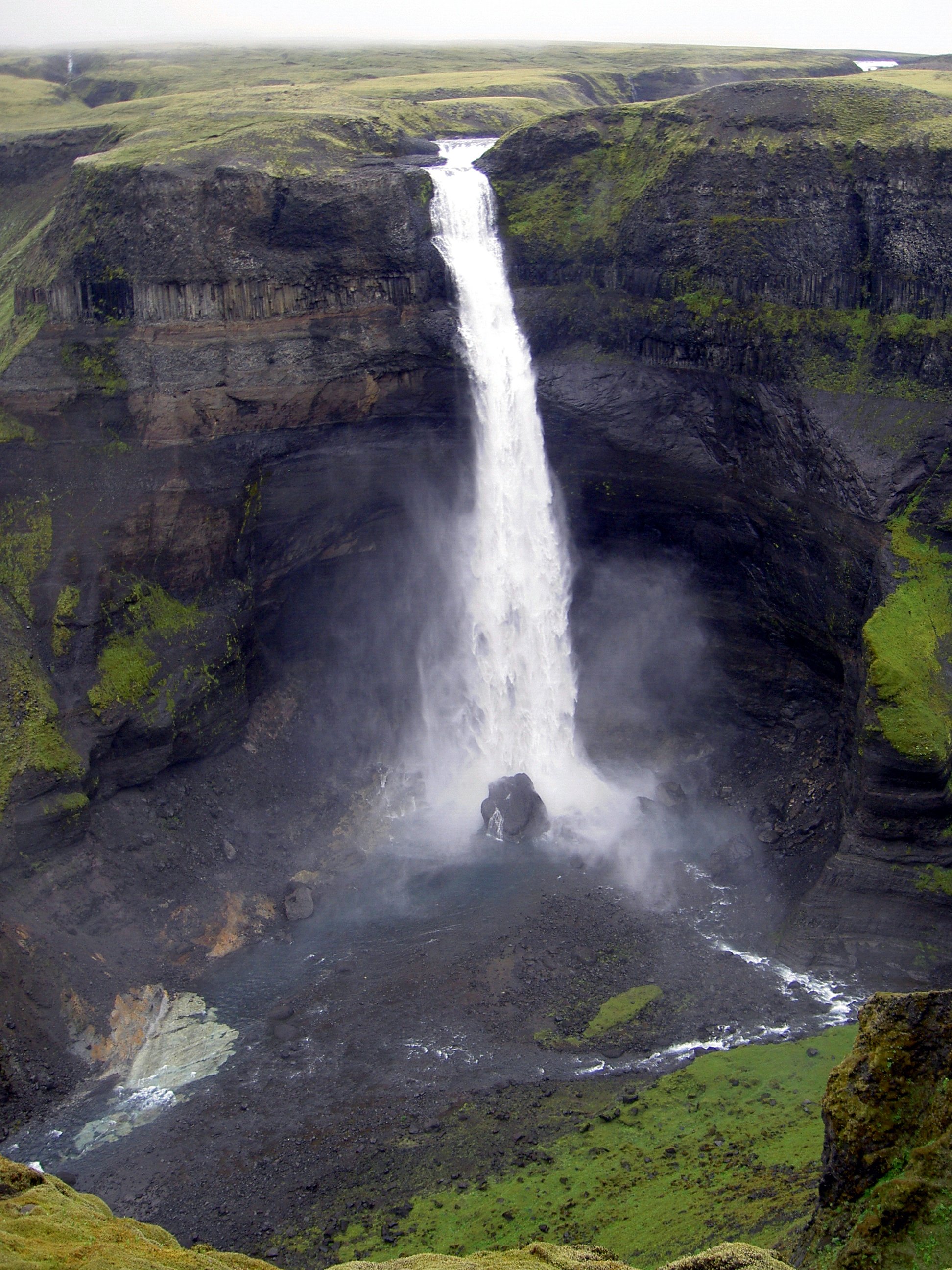 Panoramic view of Háifoss canyon and waterfall in the Icelandic highlands